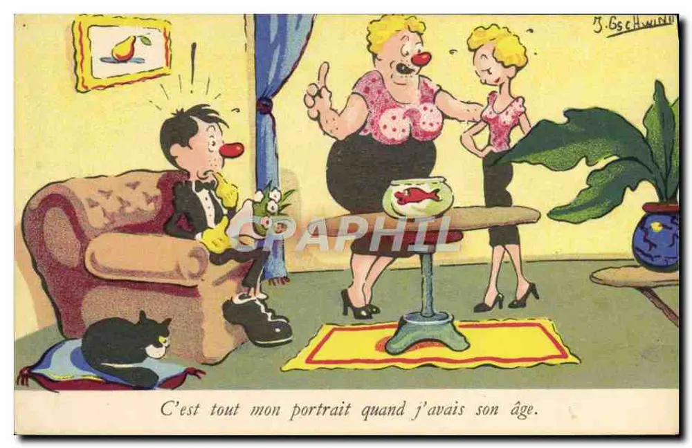 Clown und junge Frau — humorvoller Szene — B. Gschwind, Humoristische Sammlung n°31 - Vorderseite