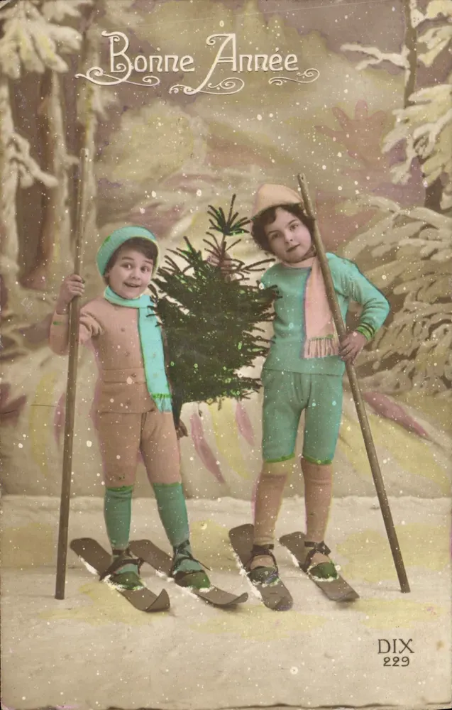 Zwei Kinder auf Ski — Frohe Weihnachten — DIX 229 - Vorderseite