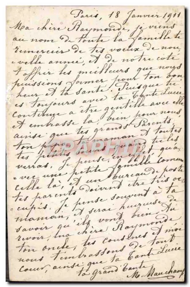 Menina vestindo um vestido azul segurando um buquê — decoração floral e pássaros — texto manuscrito 'Hooos meiillurs vocua pour 1911.' - Verso