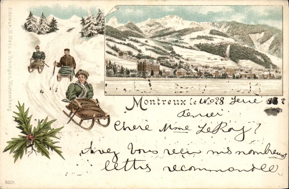 Montreux — schneebedecktes Landschaft und Personen in einer Schlittenfahrt — Verleger H. Metz in Tübingen, Württemberg, Nr. 3601 - Vorderseite