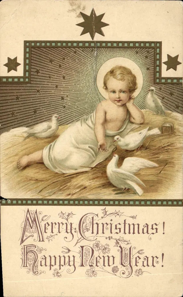 Enfant Jésus — scène de crèche avec colombes — éditeur non visible - Vorderseite