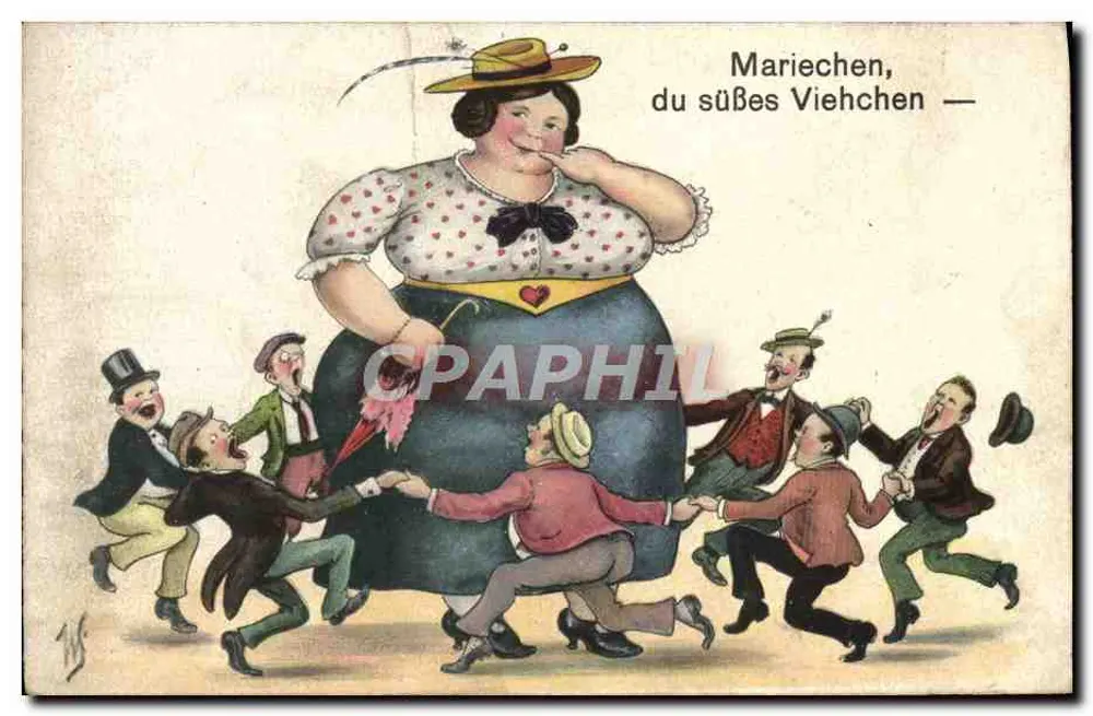 Mariechen, du süßes Viehchen — Karikatur einer sehr großen Frau, umgeben von Männern, die sie schieben — Verlag HUPP, Nr. 486 - Vorderseite