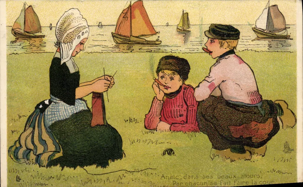 Mulheres e crianças perto do mar — cena de vida — editor M. Raphael Tuck & Co. Ltd. Paris, série 386 - Frente