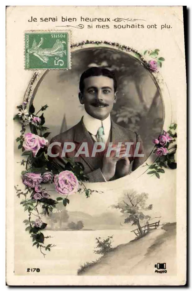 Portrait d'homme — avec cadre floral et paysage — éditeur C.M. PHOTO n°2178 - Frente