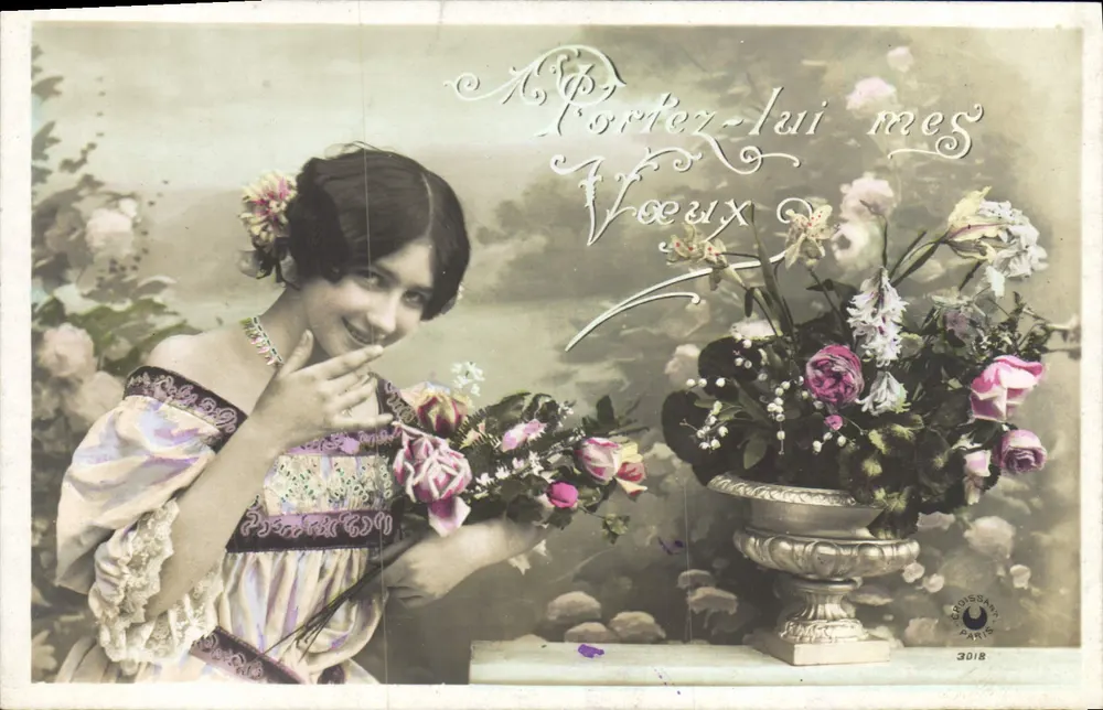 Jeune femme avec bouquet — 'Portez-lui mes Vœux' — Croissant, Paris, n°3018 - Recto