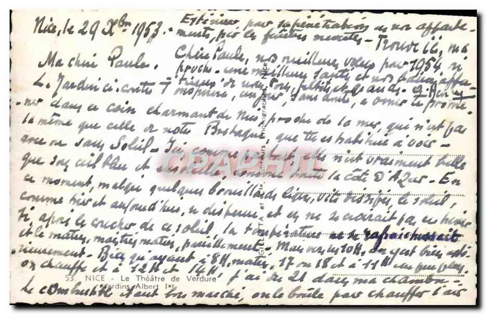 Jardin Albert 1er — Nice — Ansicht des Denkmals und des Meeres — unbekannter Verlag - Rückseite