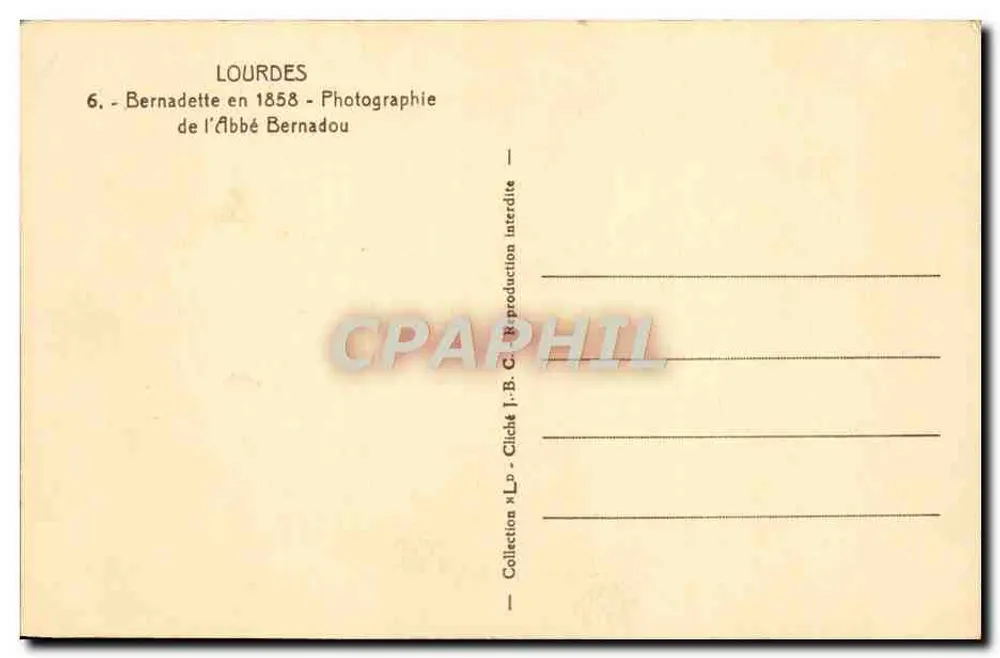 Bernadette Soubirous — Photographie des Abbé Bernadou — Sammlung J.B. Bernadou - Rückseite