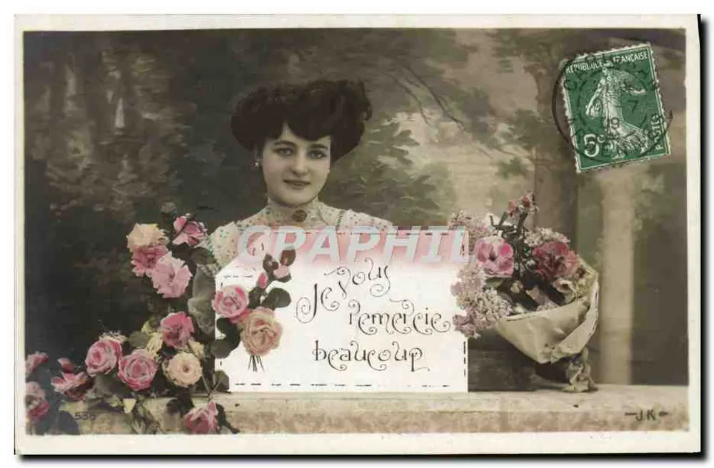 Femme avec bouquet de roses — Je vous remercie beaucoup — J.K. n°536 - Recto