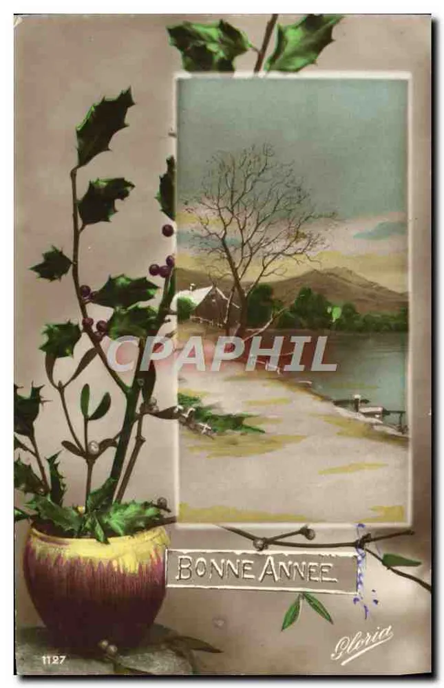 Houx et paysage — Bonne Année — Gloria, n° 1127 - Recto