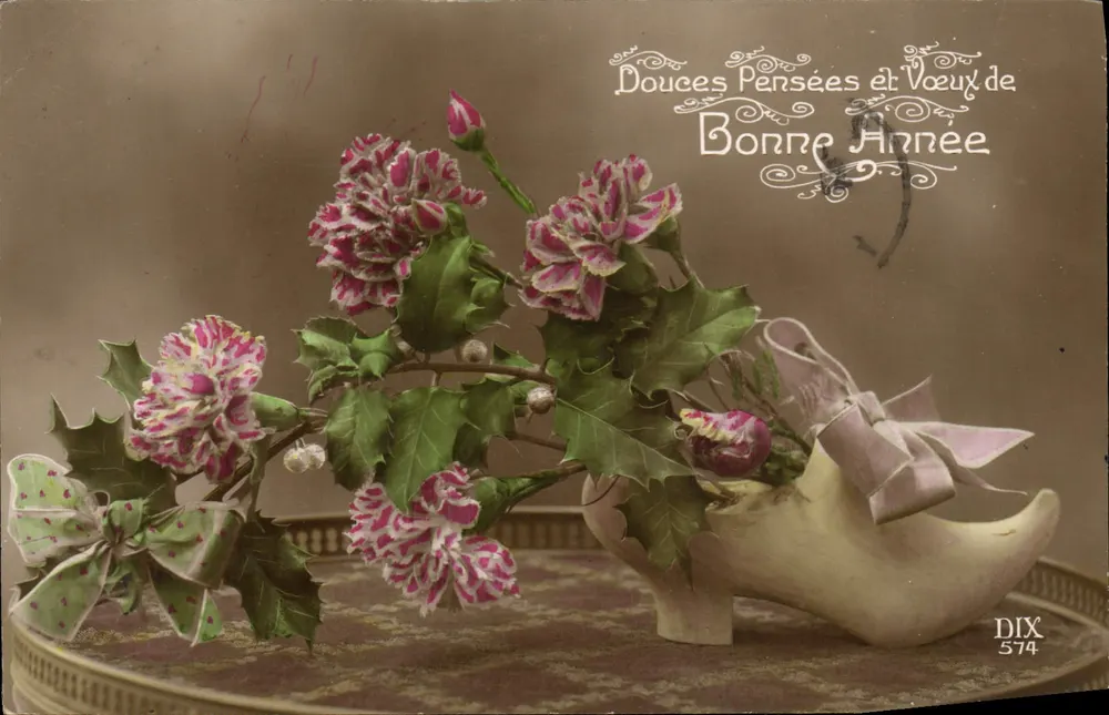 Flores e sapatos de Natal — Suaves Pensamentos e Desejos de Boa Ano — DIX 574 - Frente