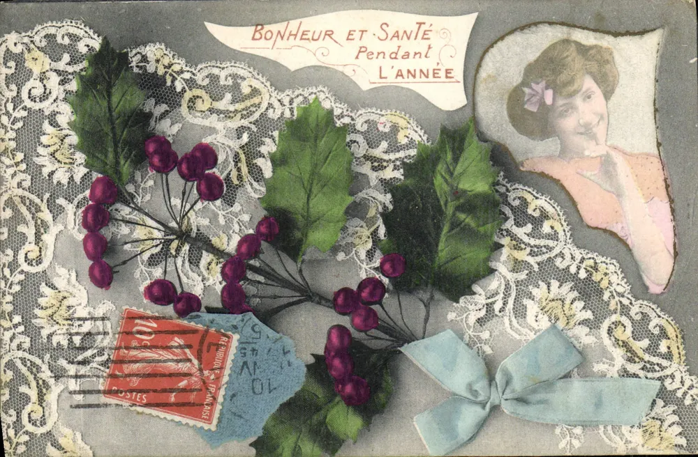 Fleurs de houx et jeune femme — Bonheur et Santé Pendant L'Année — Éditeur inconnu - Recto