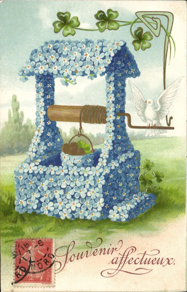 Poço decorado com flores — Lembrança afetuosa — Editor: La Pensée, Paris - Frente