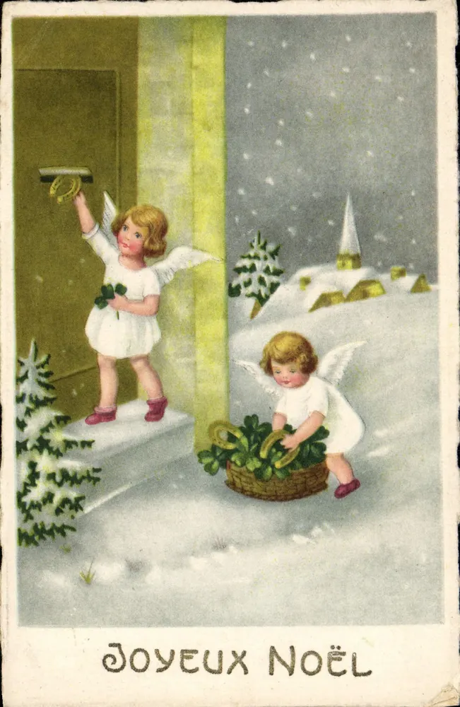 Engel en engel met mandje met handschoenen — Vrolijk kerstfeest — uitgever niet zichtbaar - Voorkant
