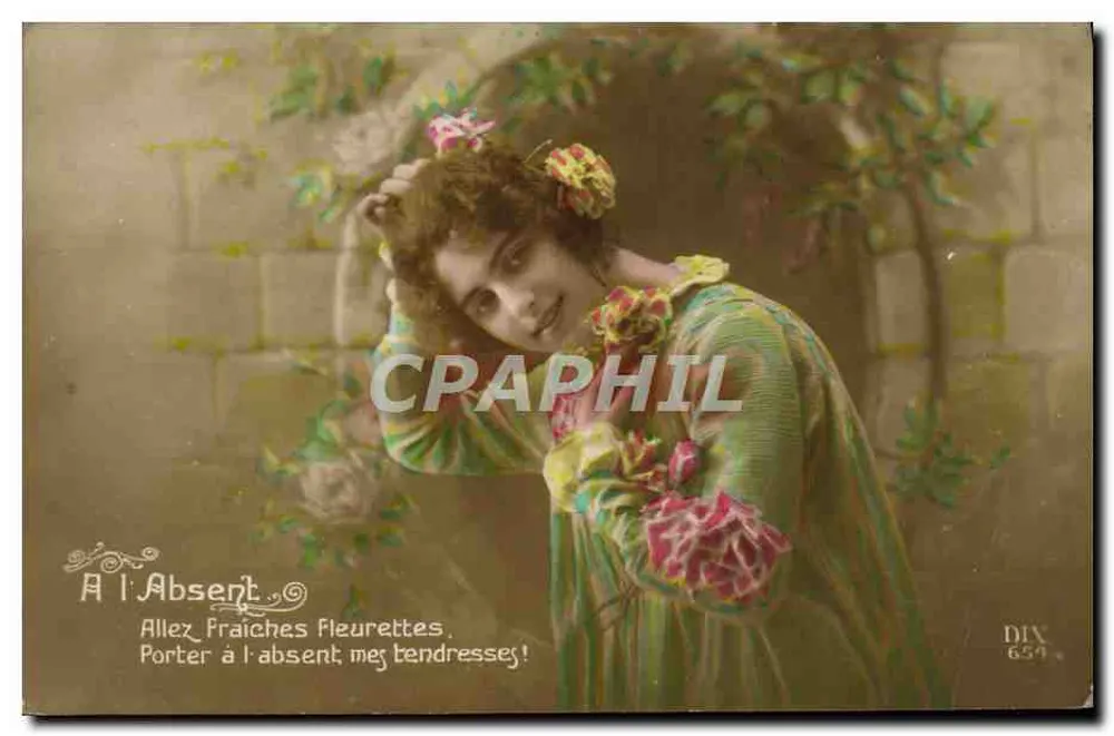 Femme en robe colorée — fleurs dans les cheveux — éditeur Dix, n° 654 - Recto
