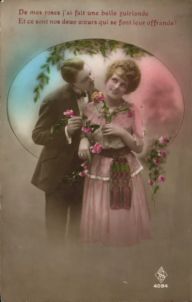 Jeune couple échangeant des roses — éditeur L. Gralique, n° 4094 - Recto