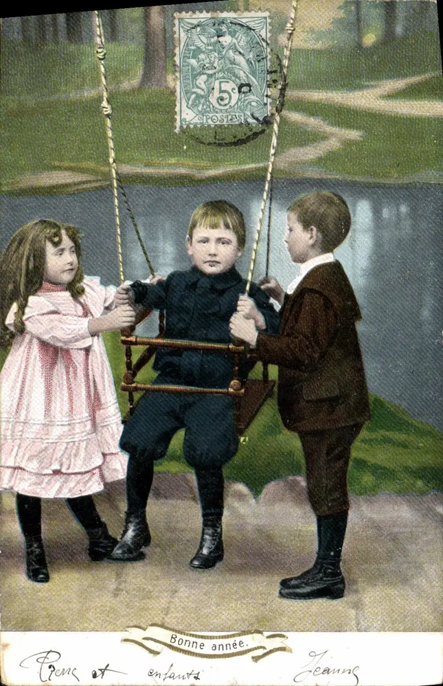 Kinder, die an der Schaukel spielen — Frohe Neujahr — Verlag PAPPHILL, Serie 216 - Vorderseite