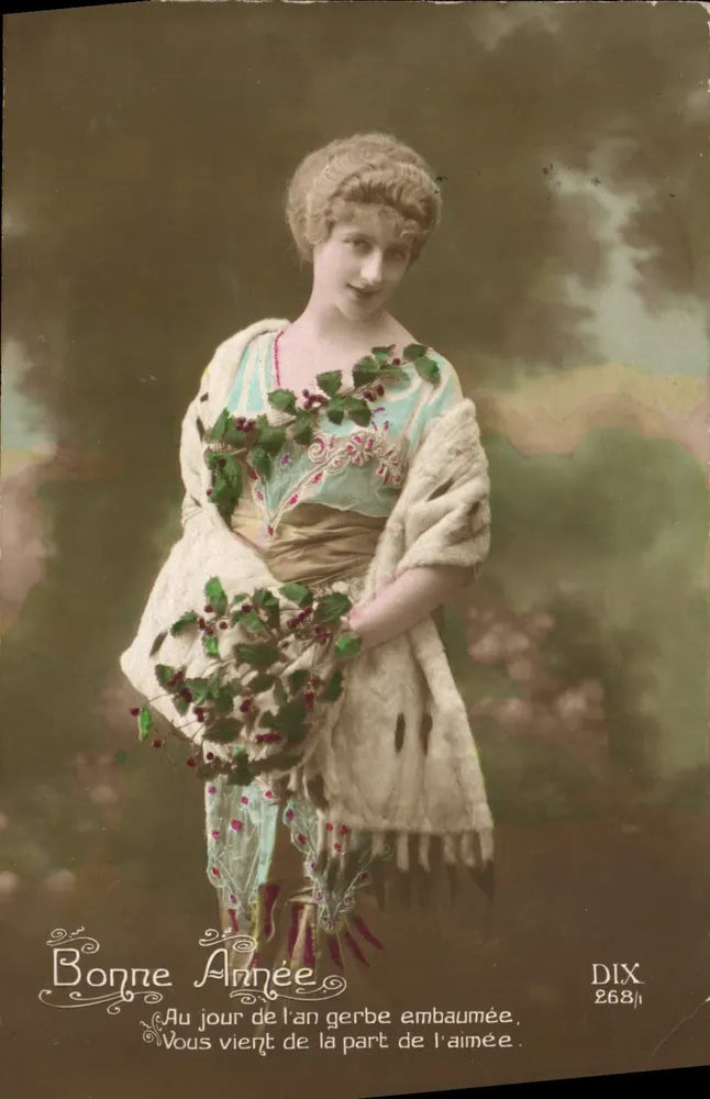 Femme tenant un bouquet de gerbe embaumée — Bonne Année — DIX 268/1 - Recto