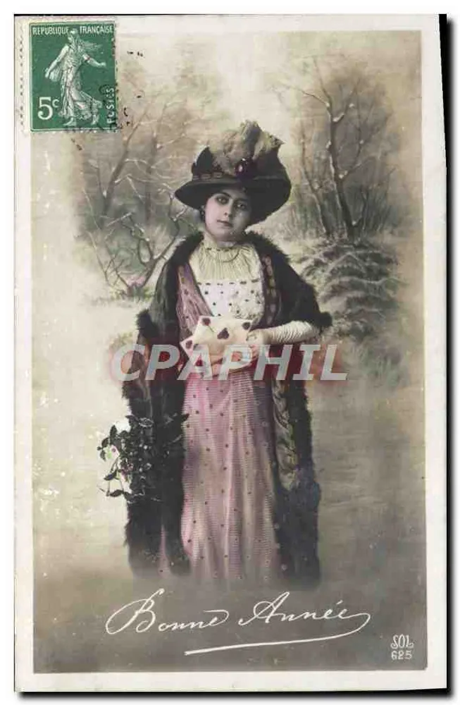 Femme en robe rose et manteau fourré — Bonne Année — SOL 625 - Recto