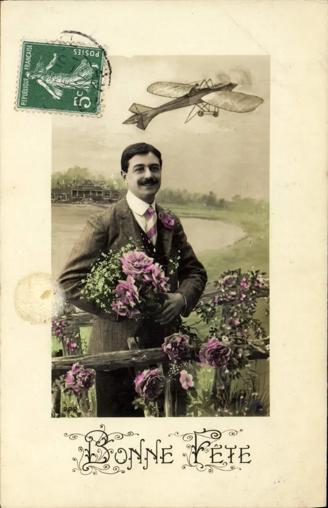 Homme avec bouquet de roses — avion en vol — éditeur inconnu, n° de série non visible - Recto