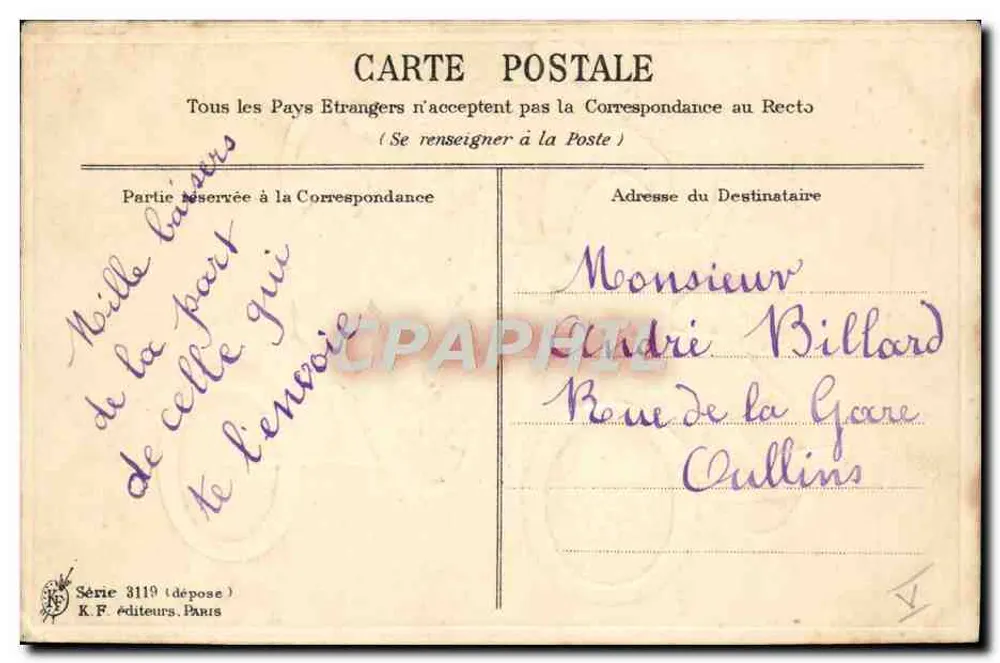 Enfants dans un landau fleuri — Bonne Fête — K.F. éditeurs, Paris, Série 3119 - Verso
