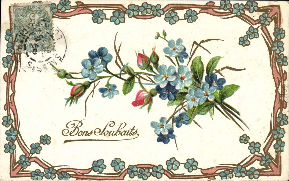 Bons Souhaits — Flores azuis e rosas — Editor desconhecido, número de série não visível - Frente