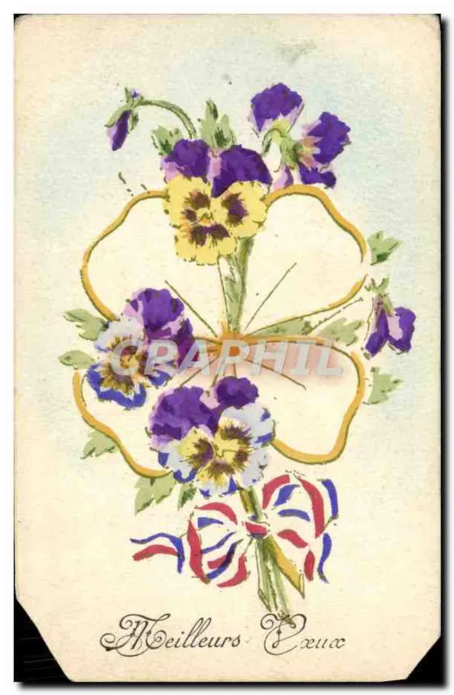 Bouquet de pensées — kwiaty fioletowe, żółte i białe z tricolorem — wydawca GUYLO, Paryż - Awers