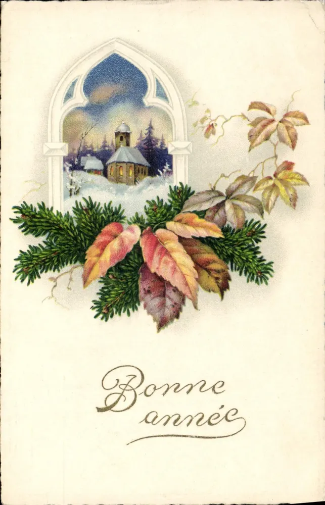 Vue hivernale d'une église — Bonne année — éditeur non identifié, n° de série non visible - Recto