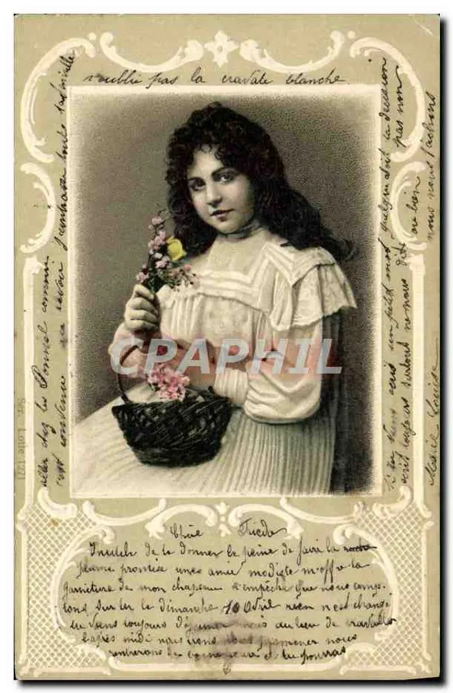 Joven sosteniendo un cesto de flores — Tarjeta postal ilustrada — Editor no identificado - Anverso