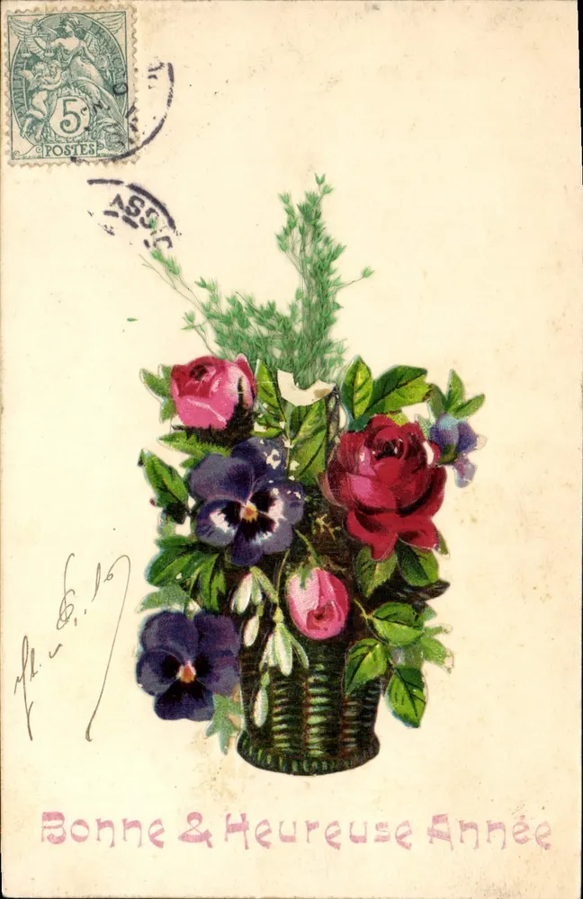 Arranjo de flores — Boa e Feliz Ano — editor desconhecido, número de série não visível - Frente