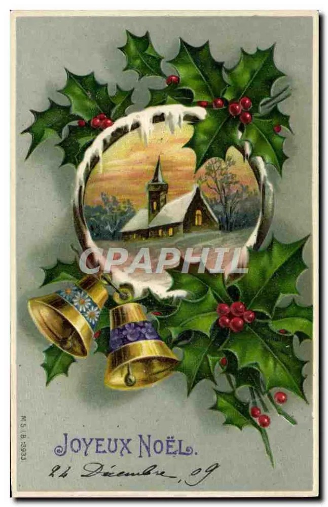 Kerst — sneeuwdekte kerk in een kader van thuinen — uitgever M.S.I.B. n° 1933 - Voorkant