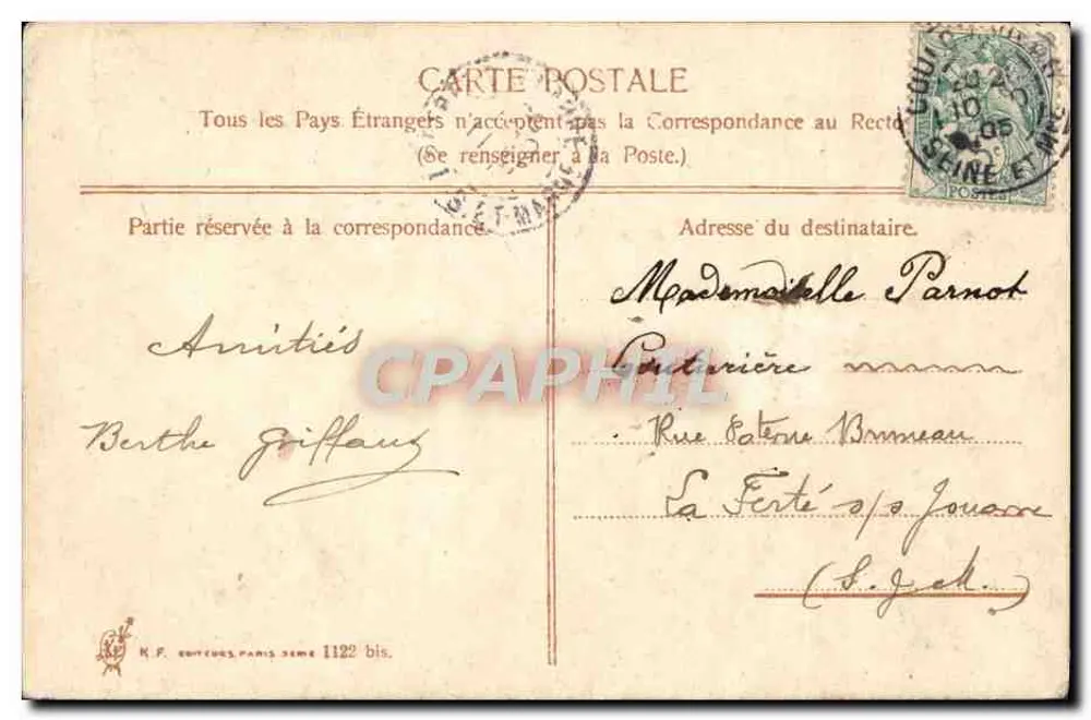 Rose — Sincere Friendship — N.F. curieux, Paris, series 1122 bis - Back