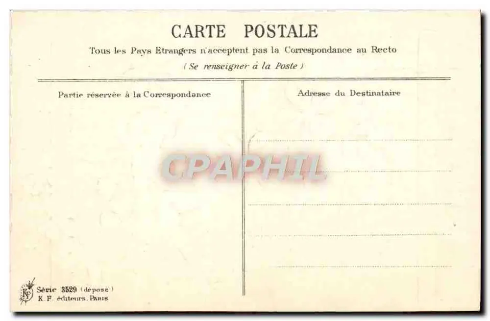 Lembrança de Amizade — criança brincando com folhas de trêfola — K F editores, Paris, série 3529 - Verso