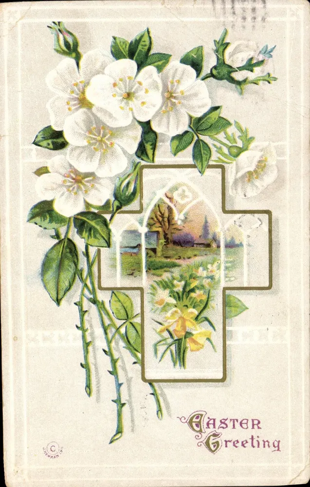 Fleurs de cerisier — croix gothique encadrant un paysage — éditeur C. GIEHRMAN & CO. - Frente