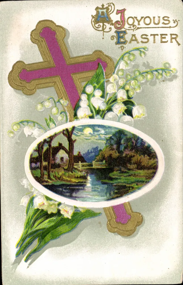 Kreuz und Lilienschmuck — Landschaftsszene mit Haus und Fluss — Verlag BIO - Vorderseite