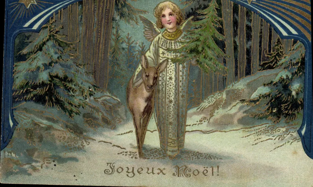Ángel y ciervo en un bosque nevado — ¡Feliz Moël! — N. 5419 Relief m. Goldtiefdruck - Anverso