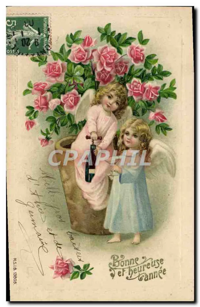 Twee engelen tussen rozen — Goed en gelukkig nieuwjaar — uitgever M.S. n°18, 1905 - Voorkant