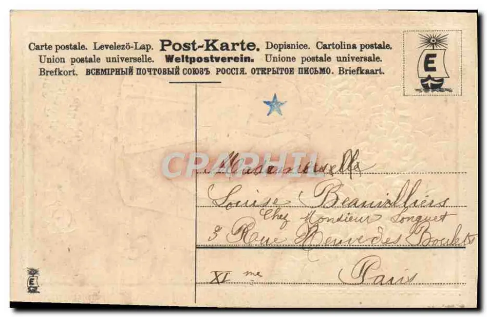 Twee engelen tussen rozen — Goed en gelukkig nieuwjaar — uitgever M.S. n°18, 1905 - Achterkant