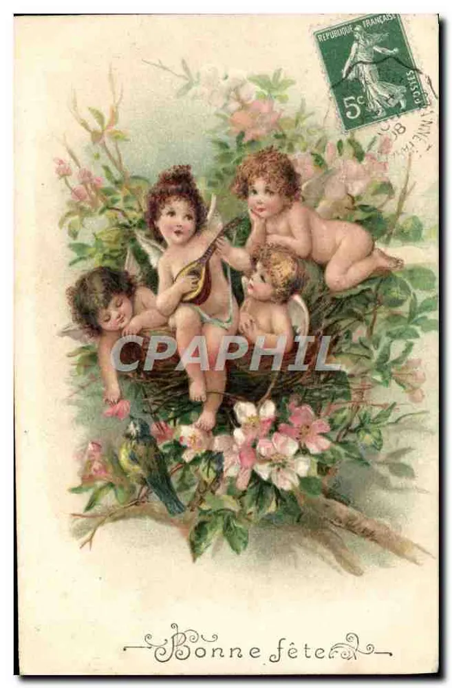 Cupids in a Nest of Flowers — Happy Birthday — Publisher not visible - Front