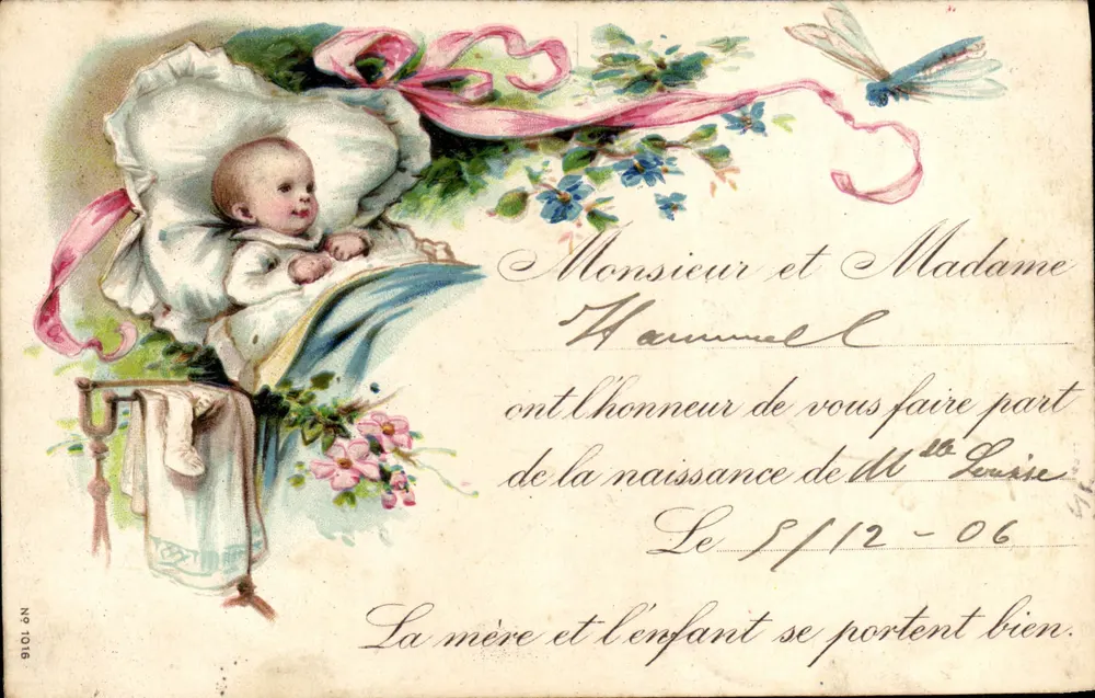Naissance d'un enfant — illustration de bébé dans un berceau — éditeur 'N° 1016' - Recto
