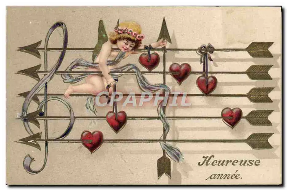 Cupid auf einer Notenlinie — Herz und Pfeile — Text 'Glückliches Neues Jahr.' - Vorderseite