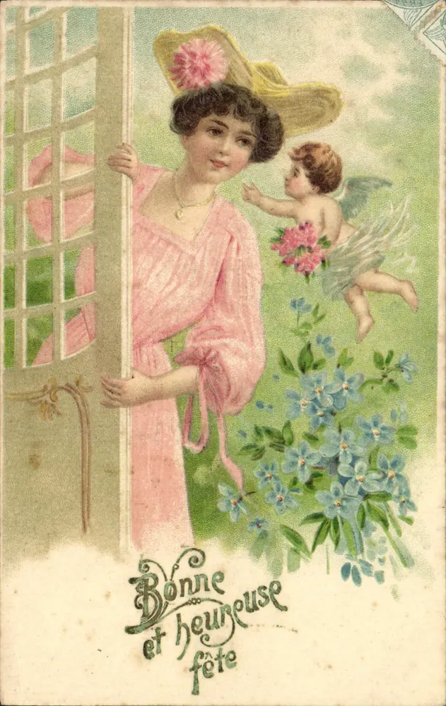 Woman in a pink dress and angel with bouquet — Happy birthday — publisher Union postale universelle - Front