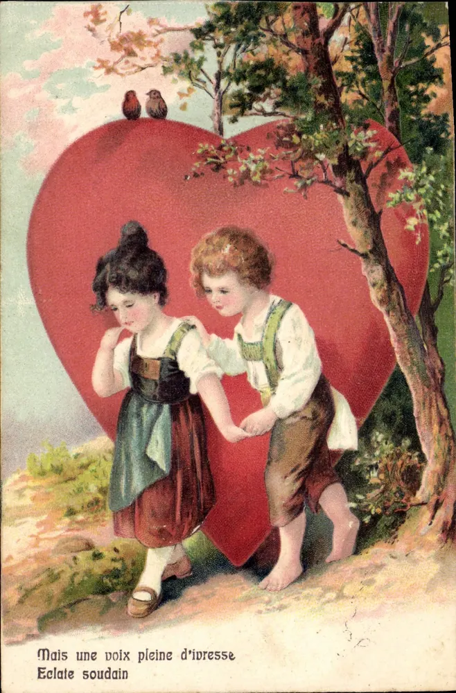 Kinder vor einem großen Herz — poetischer Text — Serie 5198 - Vorderseite