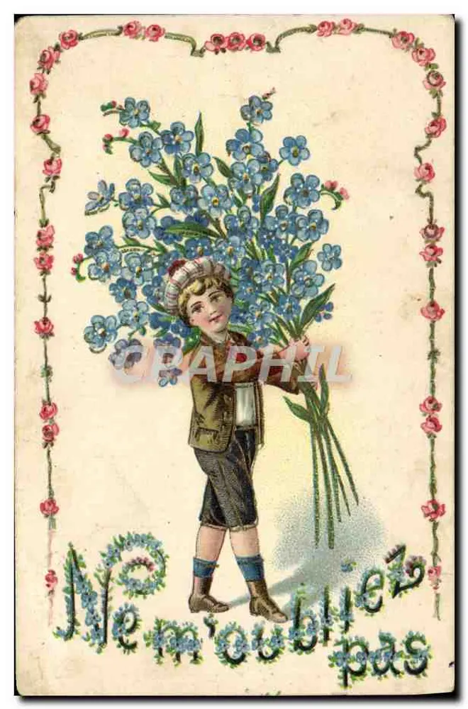Criança com buquê de flores azuis — 'Não me esqueça' — editor não visível - Frente