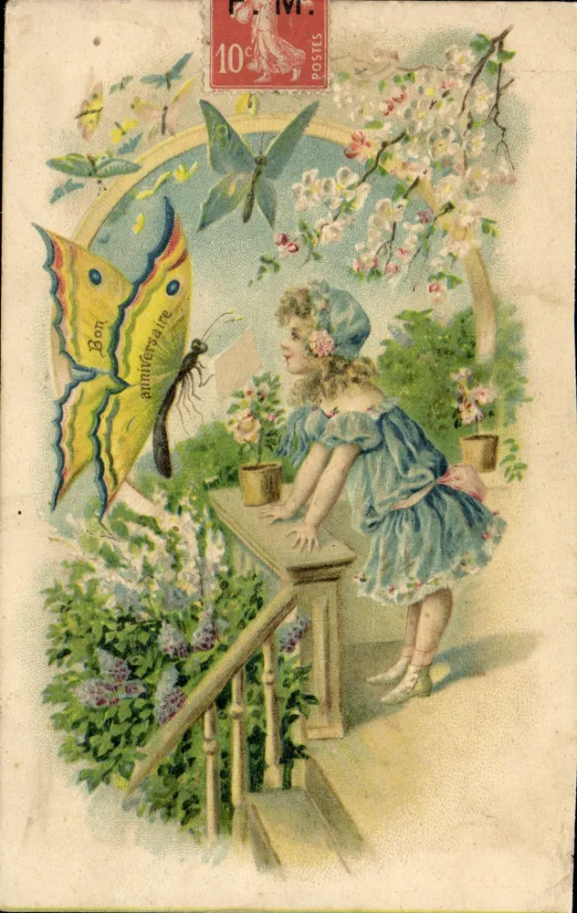Geburtstagsfeier — Kind und Schmetterlinge — P. M. 10c - Vorderseite
