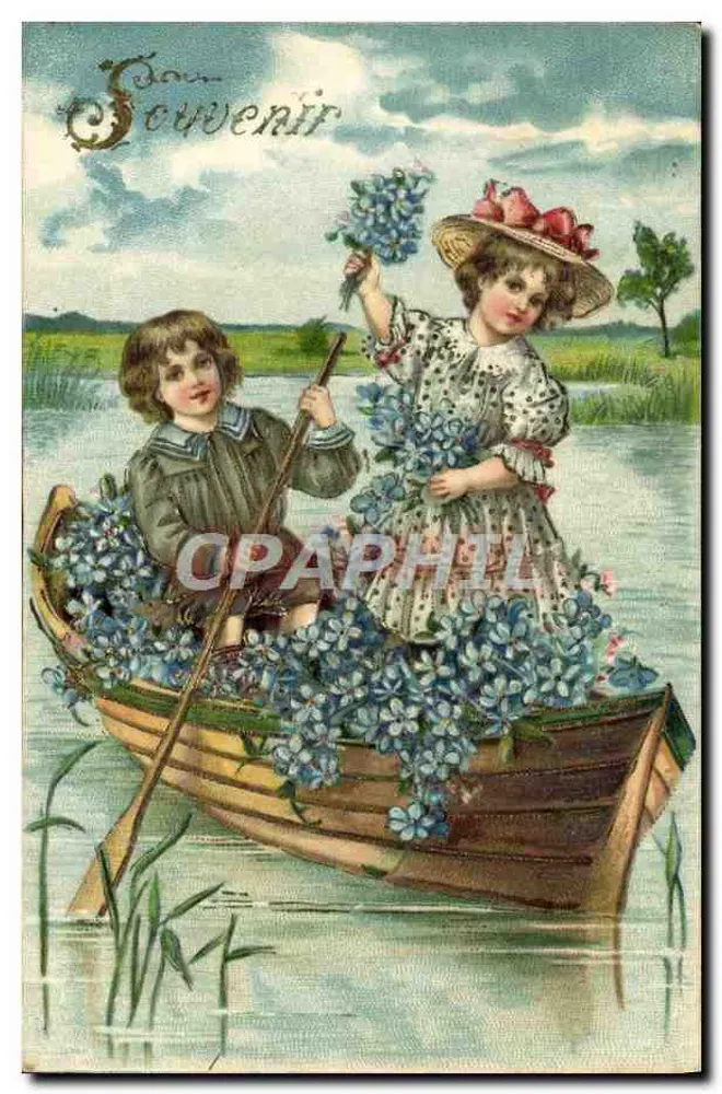Dois crianças em um barco decorado com flores — Lembrete — editor desconhecido, número de série não visível - Frente