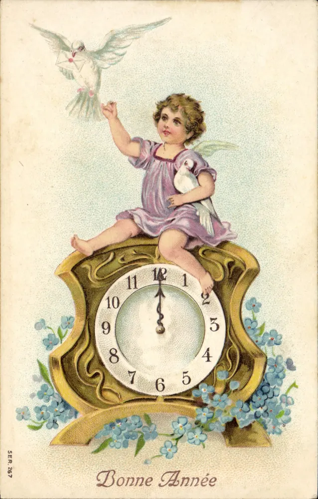 Engelkind auf der Uhr — weißer Vogel mit Brief — Verlag nicht sichtbar, Seriennummer SER.267 - Vorderseite