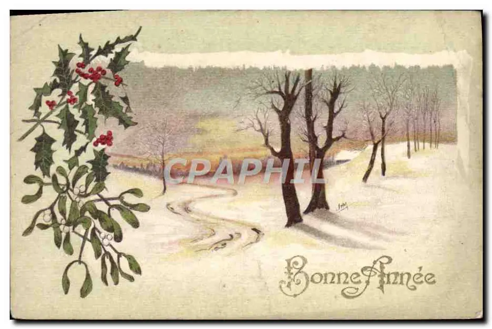 Paysage hivernal — houx et sentier — Bonne Année — éditeur inconnu - Recto