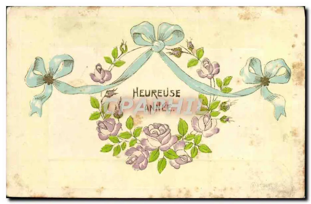 Fleurs et rubans — carte de vœux avec inscription 'Heureuse Année' — éditeur non visible - Awers