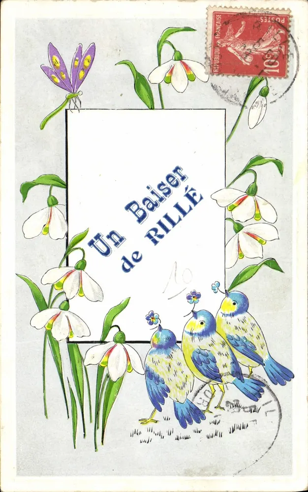 Um Beijo de RILLÉ — carta postal ilustrada com pássaros e flores — editor RILLÉ, n°10 - Frente