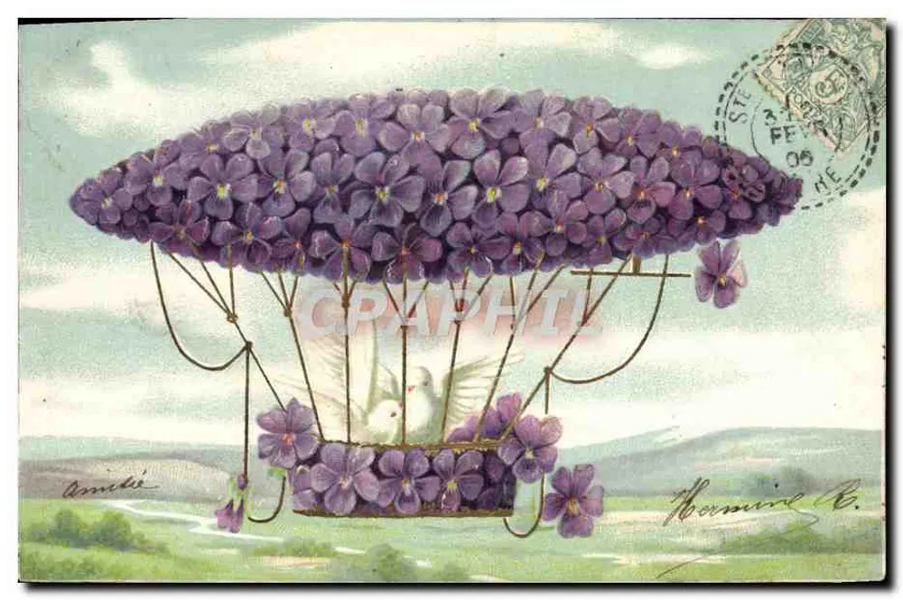 Ballon met paarse bloemen — twee duiven — K. F. Uitgevers, Parijs, Serie 1434 - Voorkant